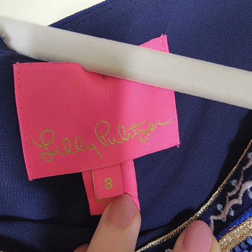 Lilly Pulitzer Penelope Shift Dress Navy Embellished Neckline Size 8 - Picture 4 of 7
